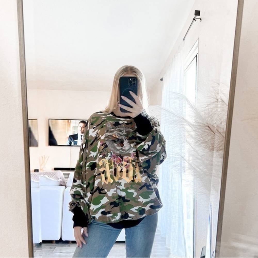 The Laundry Room Camouflage Crewneck Sweater with Graphic Tiger